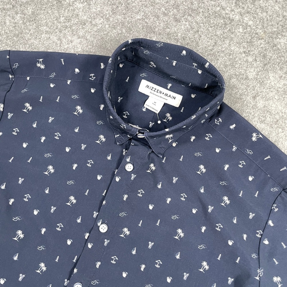 Mizzen+Main Mens Button Down Shirt M Navy Blue Tropical Performance Trim Fit